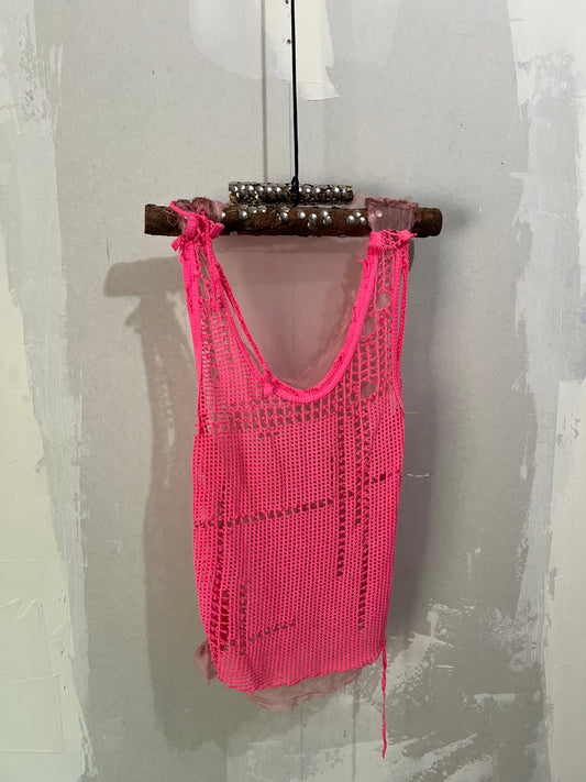 CUT AND SEW MESH LAYERED SILK TOP