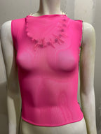 CUT AND SEW SHEER NEON PINK SILK TOP