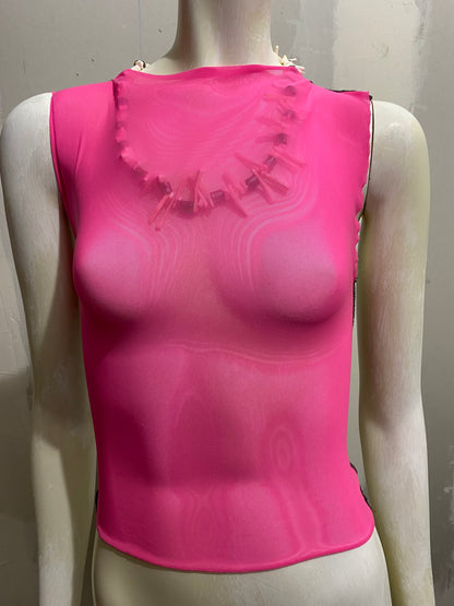 CUT AND SEW SHEER NEON PINK SILK TOP