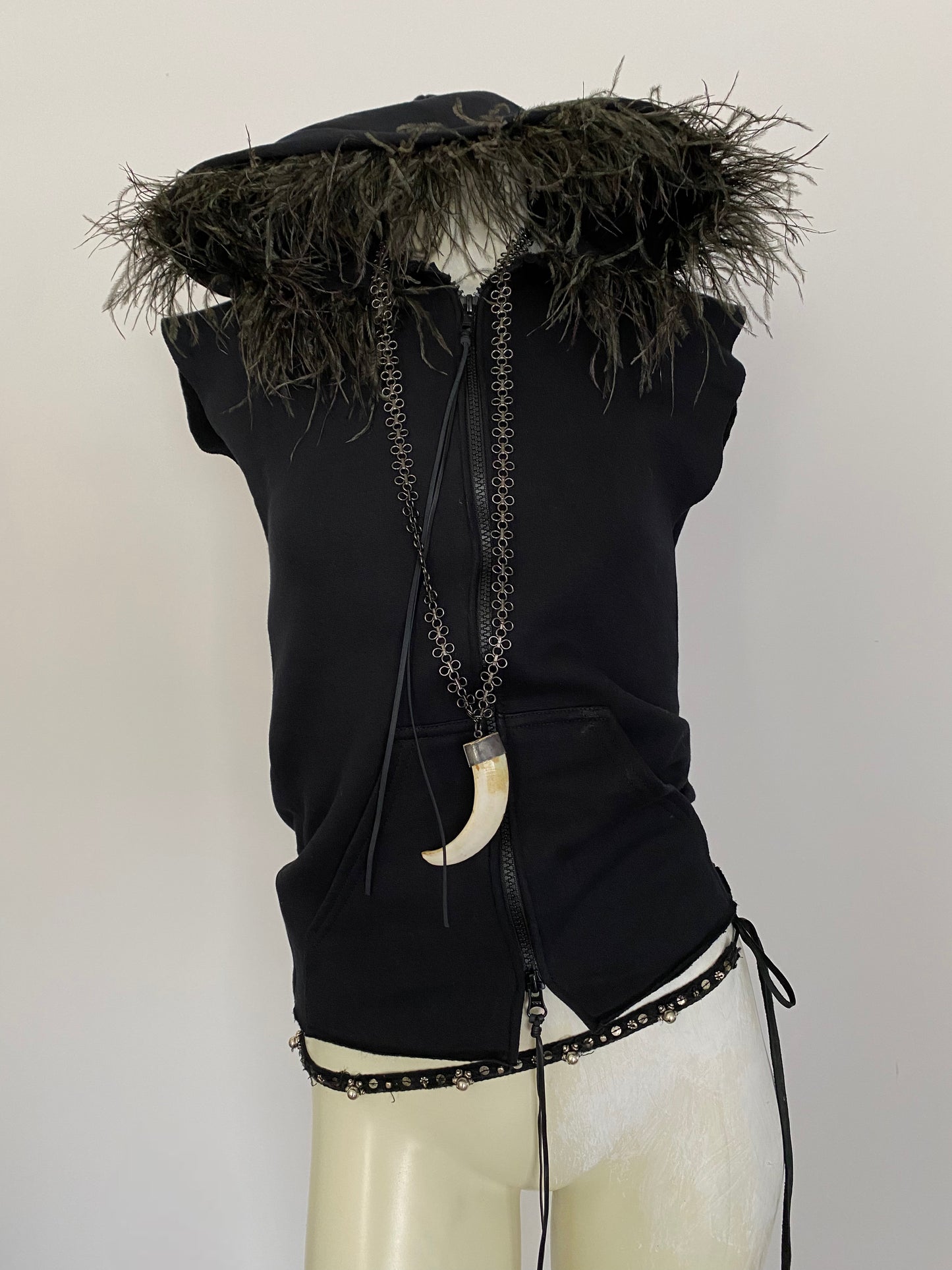 OSTRICH TRIM SLEEVELESS DOUBLE ZIP