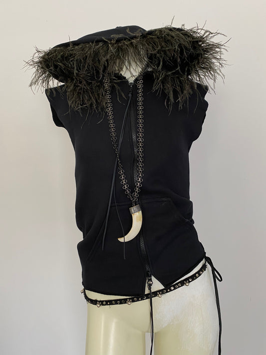 OSTRICH TRIM SLEEVELESS DOUBLE ZIP
