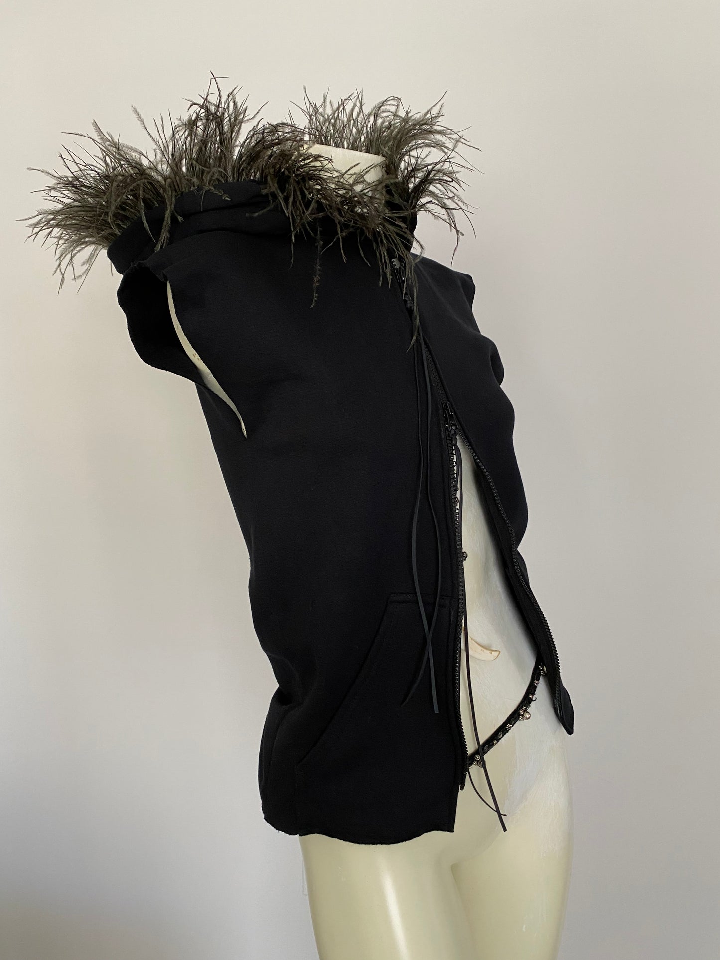 OSTRICH TRIM SLEEVELESS DOUBLE ZIP