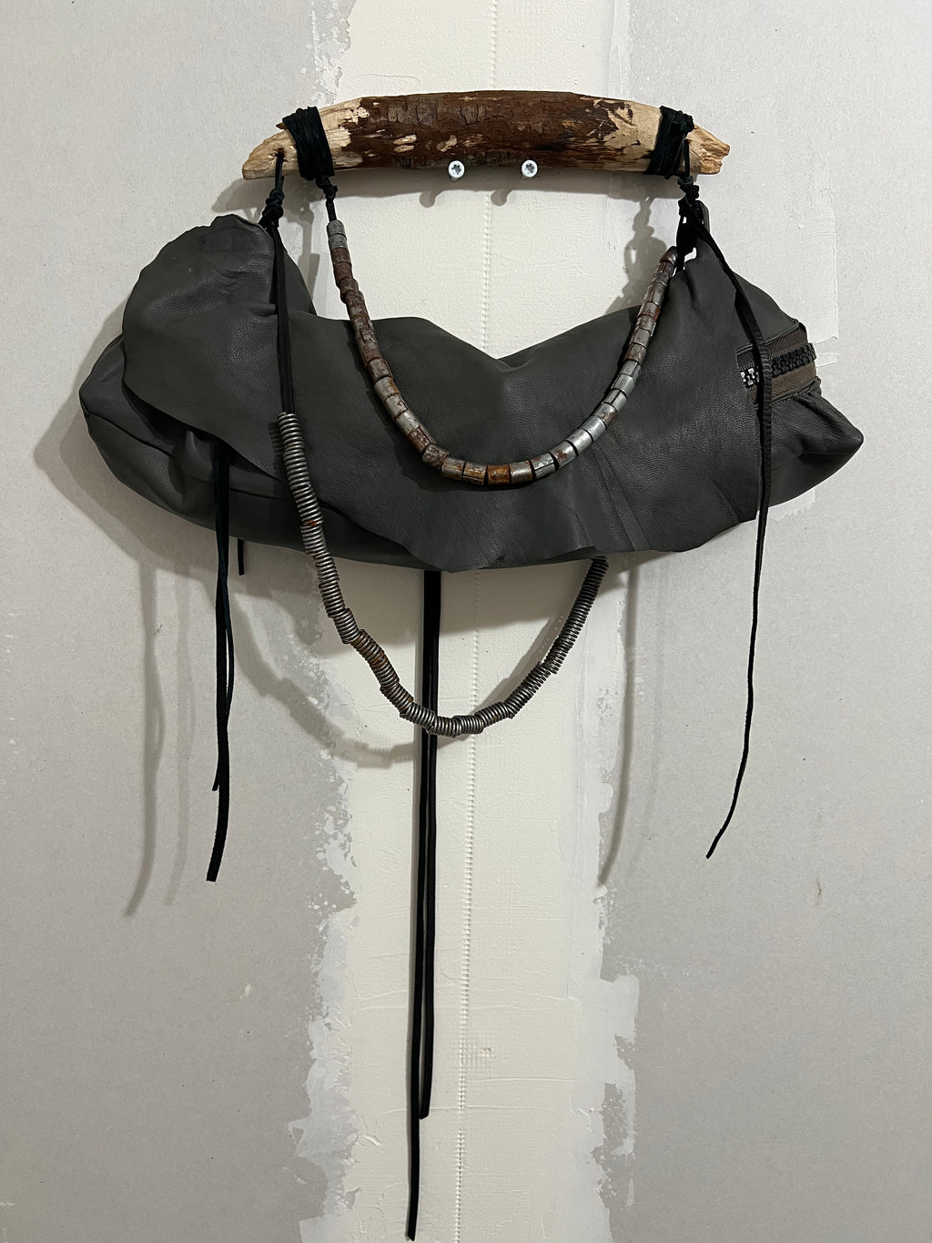 CARVED WOOD HANDLE LEATHER BAG