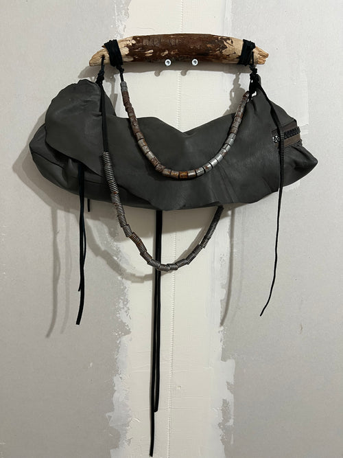 CARVED WOOD HANDLE LEATHER BAG