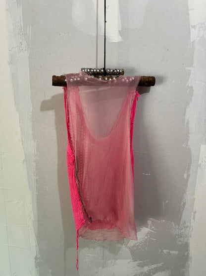 CUT AND SEW MESH LAYERED SILK TOP