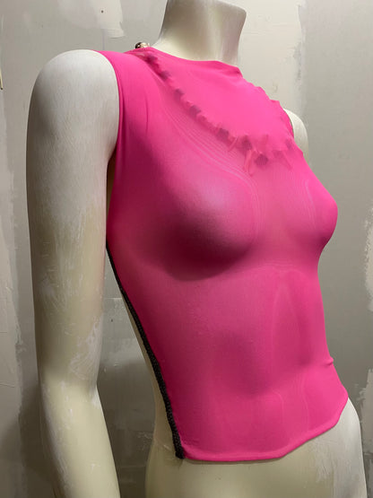 CUT AND SEW SHEER NEON PINK SILK TOP