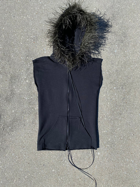 OSTRICH TRIM SLEEVELESS DOUBLE ZIP
