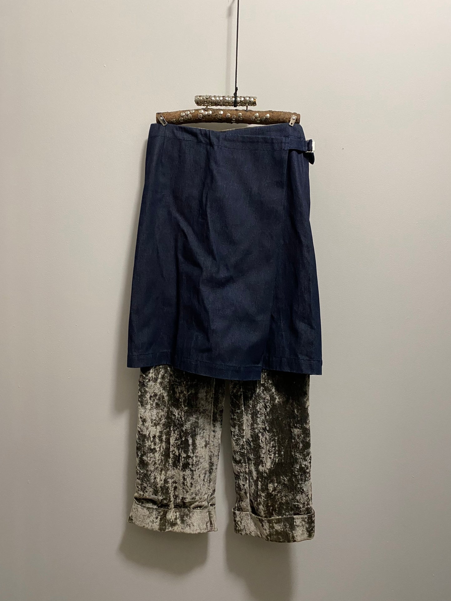COMME DES GARÇONS DENIM SKIRT AND VELVET PANT SET